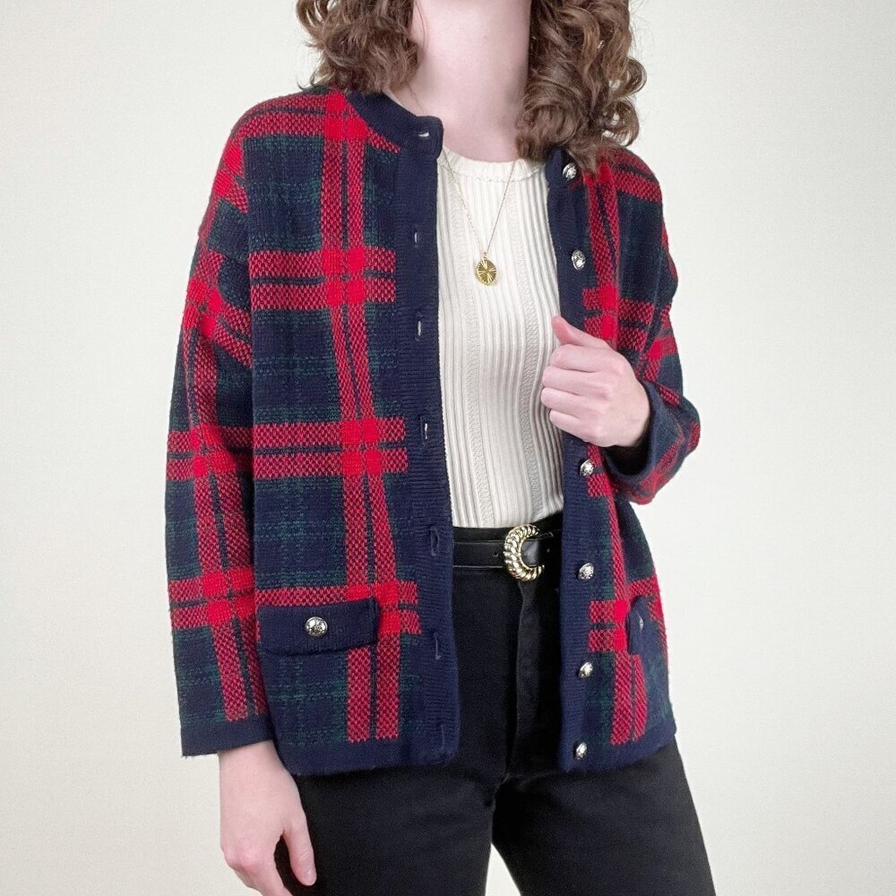 Vintage Scottish Wool Plaid Cardigan Sweater Oversized Tartan Holiday Christmas - Picture 2 of 9